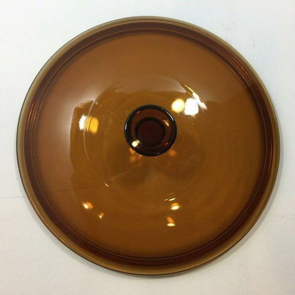 Vintage 9" Glass Amber Brown Cooking Pan Lid Casserole - Picture 2 of 5